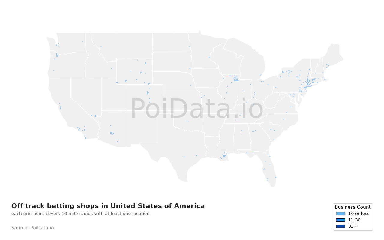 Off track betting shop density map for United States