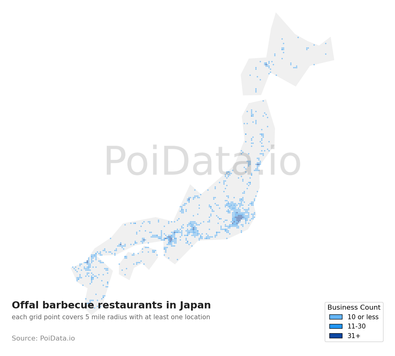 Offal barbecue restaurant density map for Japan