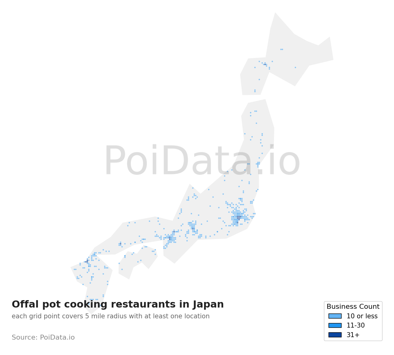 Offal pot cooking restaurant density map for Japan