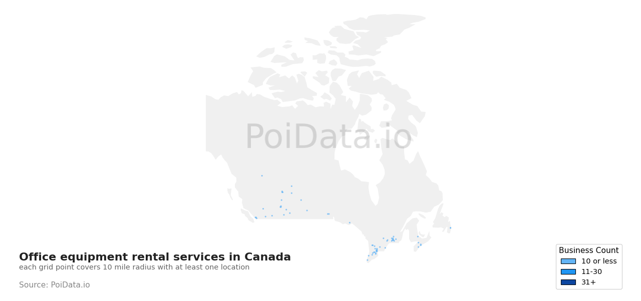 Office equipment rental service density map for British Columbia, Canada