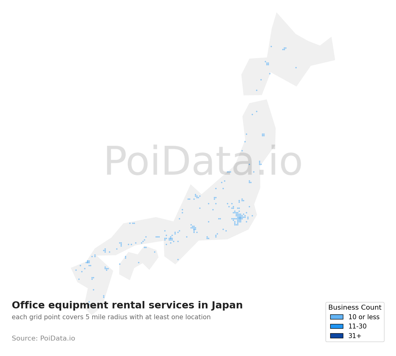 Office equipment rental service density map for Japan