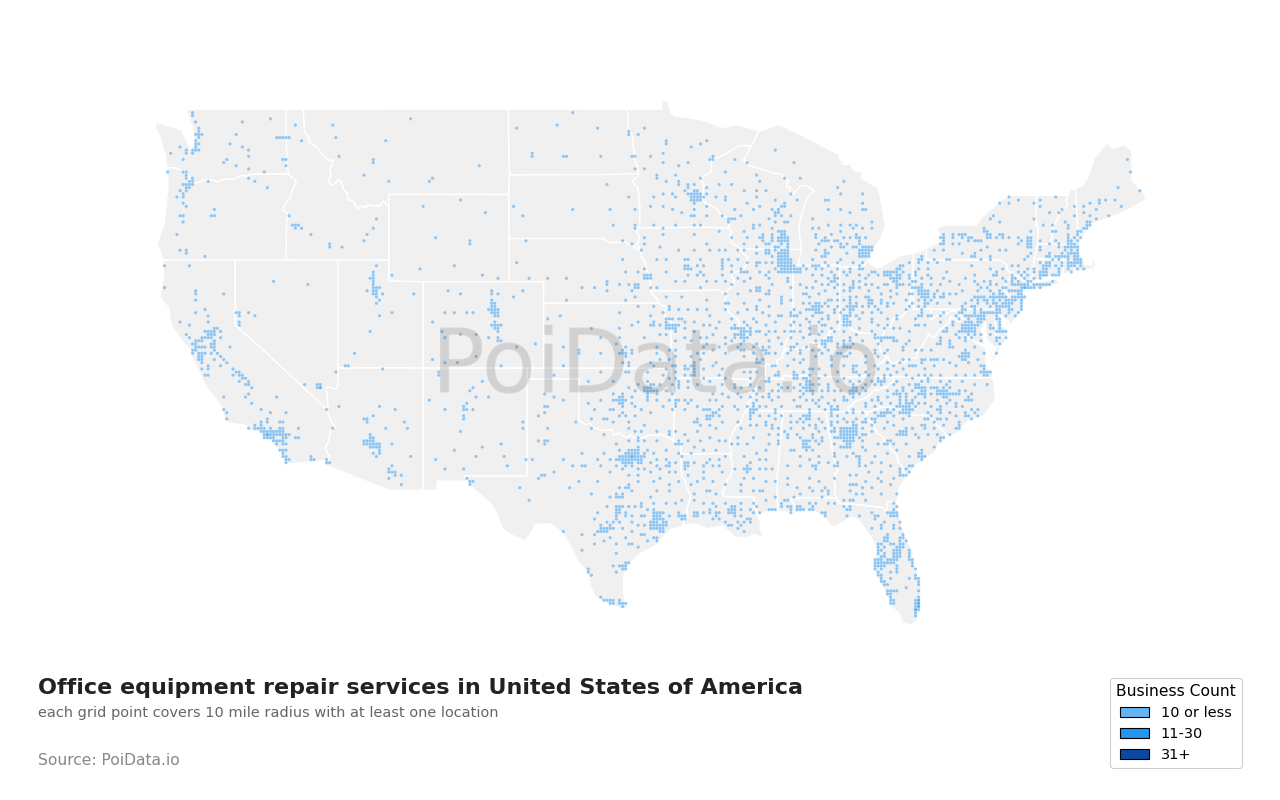 Office equipment repair service density map for Louisiana, United States