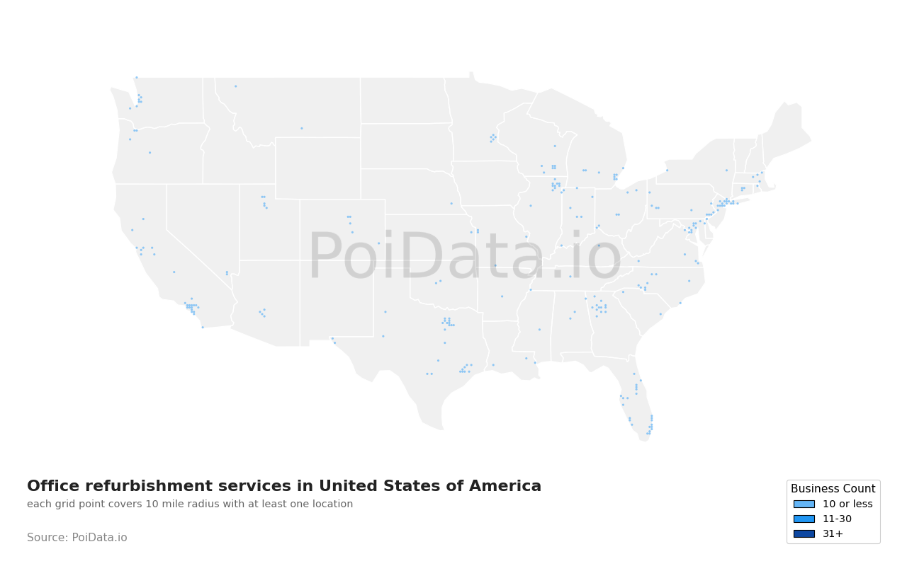 Office refurbishment service density map for United States
