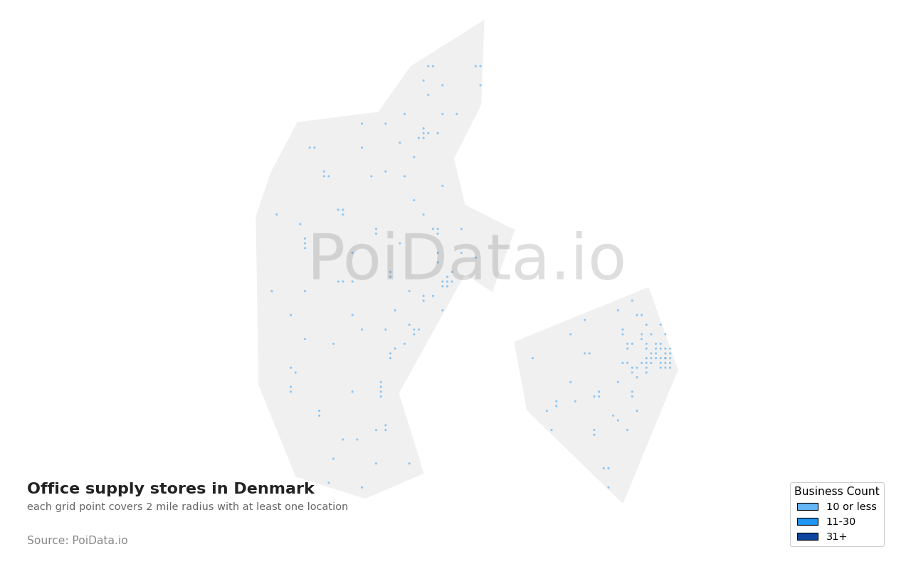 Office supply store density map for Denmark