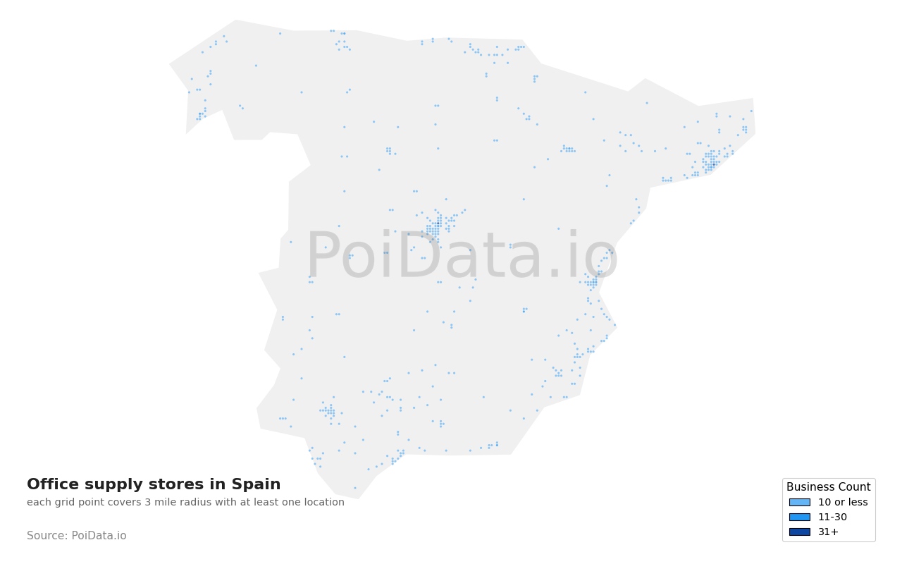 Office supply store density map for Spain