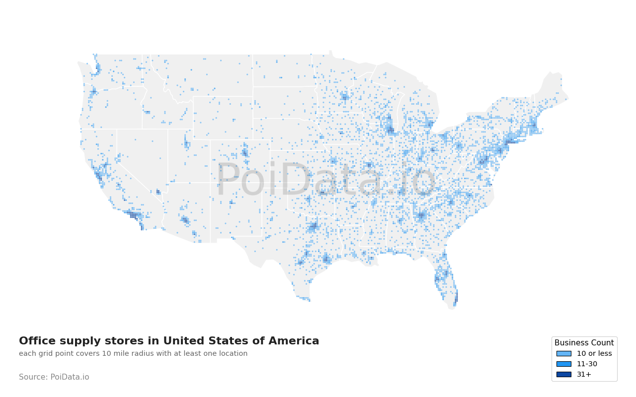 Office supply store density map for Florida, United States