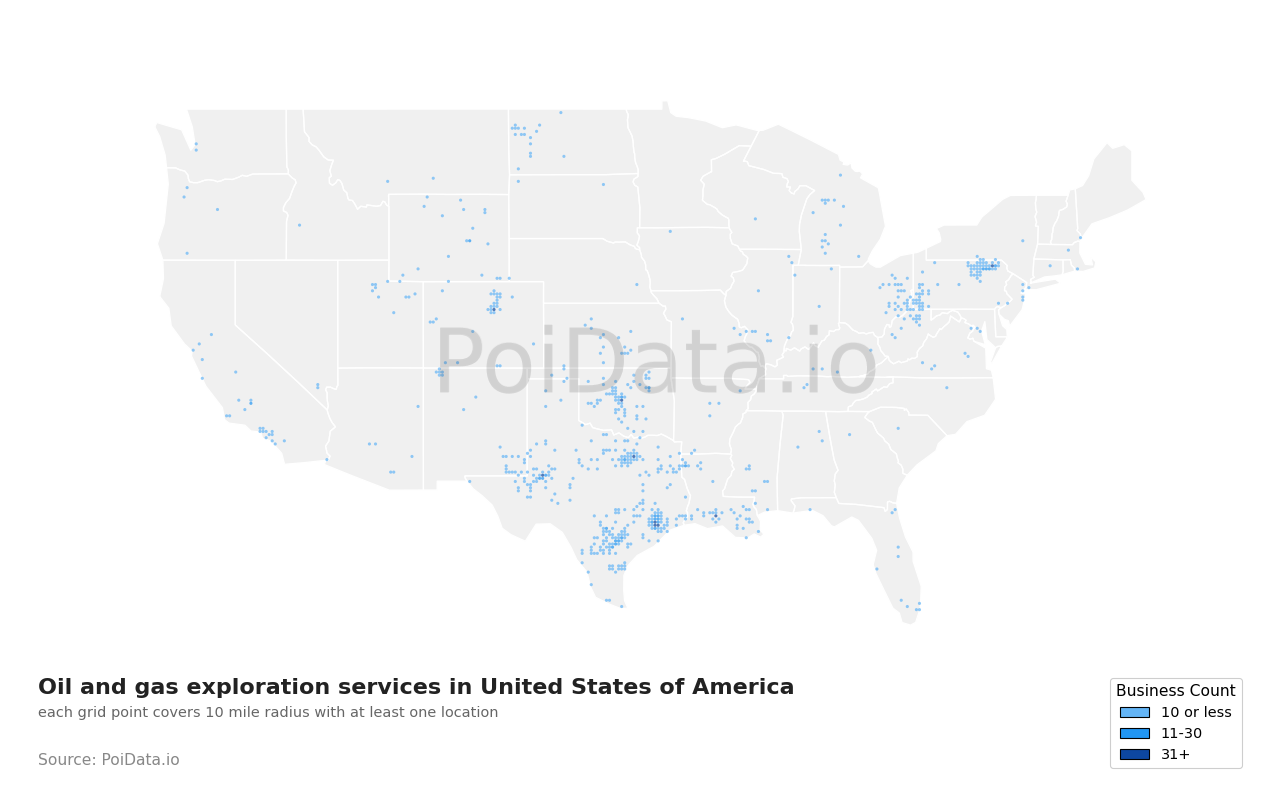 Oil and gas exploration service density map for United States