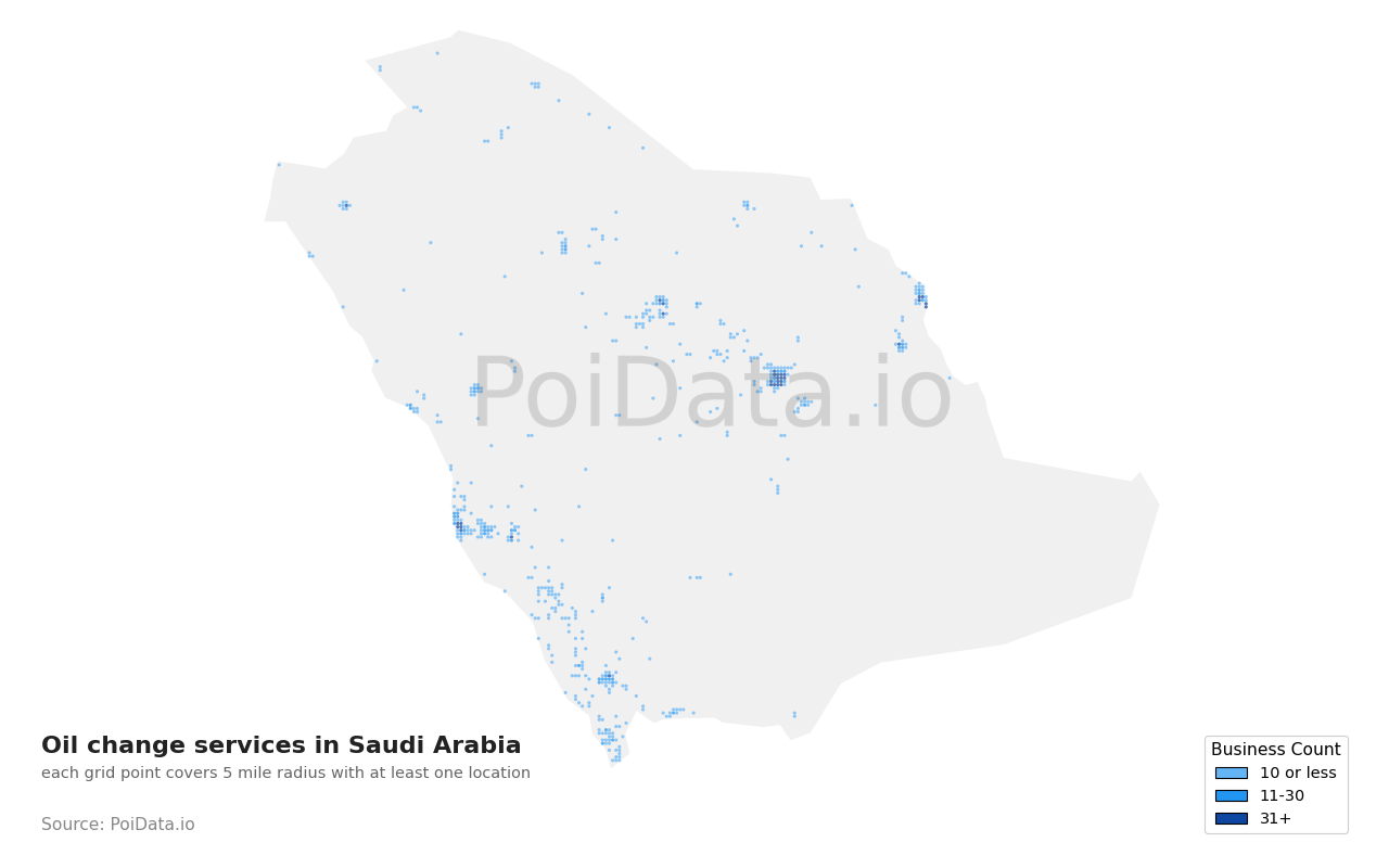 Oil change service density map for Saudi Arabia
