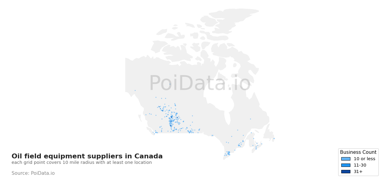 Oil field equipment supplier density map for British Columbia, Canada