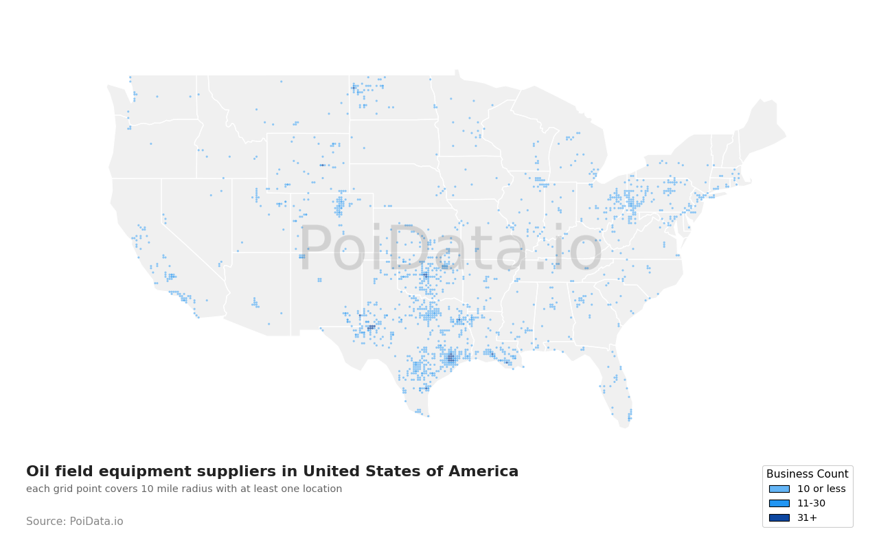 Oil field equipment supplier density map for United States