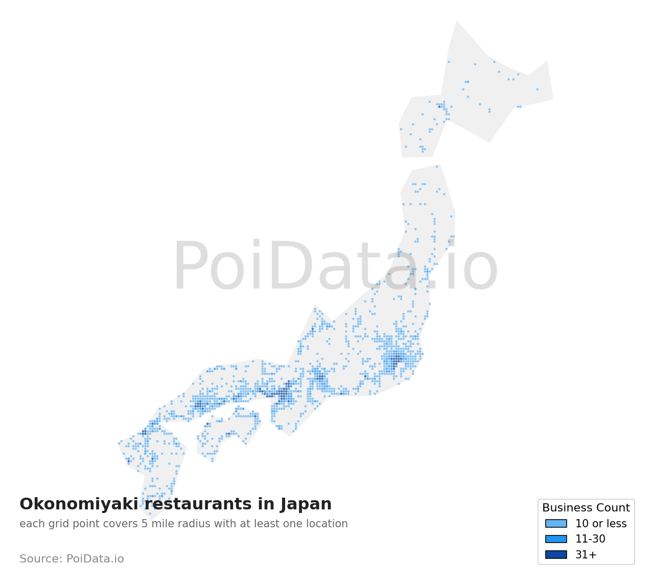 Okonomiyaki restaurant density map for Japan