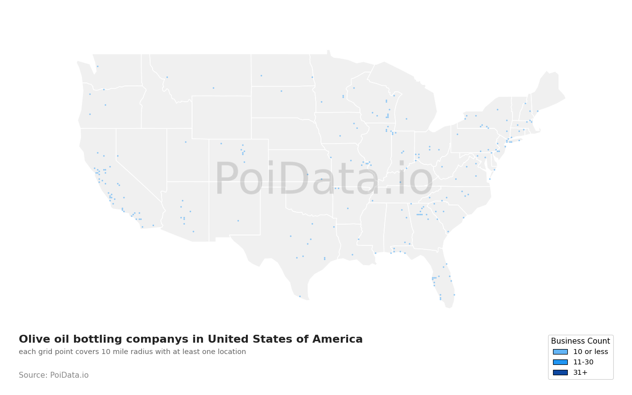 Olive oil bottling company density map for United States