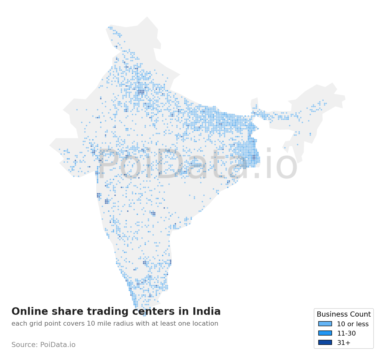 Online share trading center density map for India