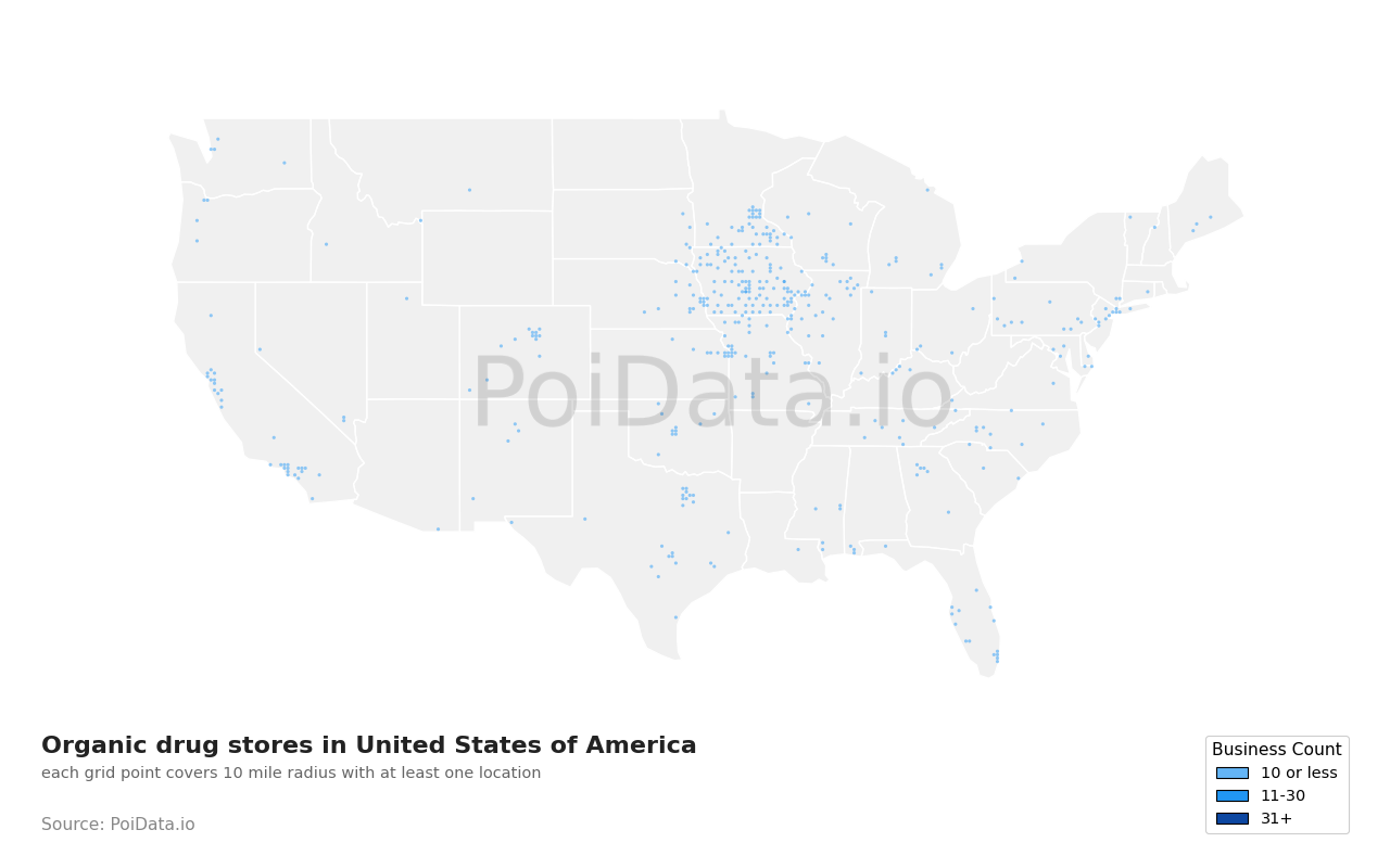 Organic drug store density map for United States