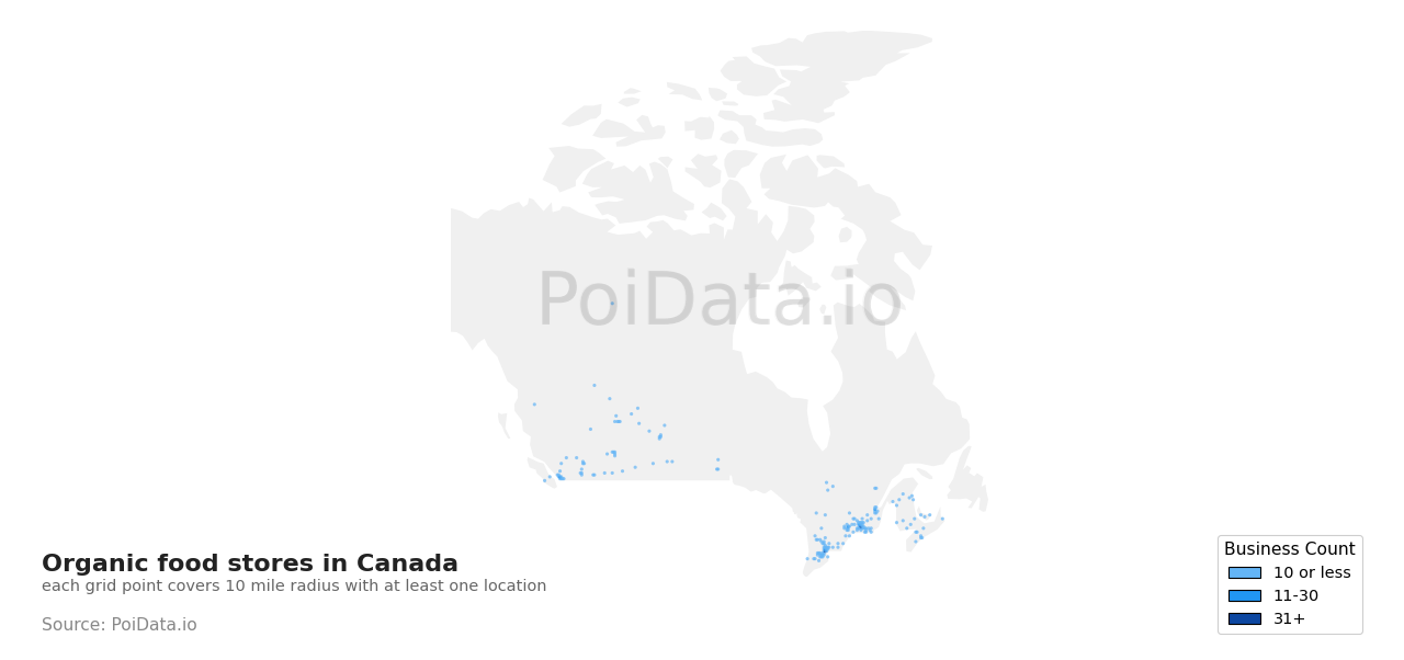 Organic food store density map for Newfoundland and Labrador, Canada