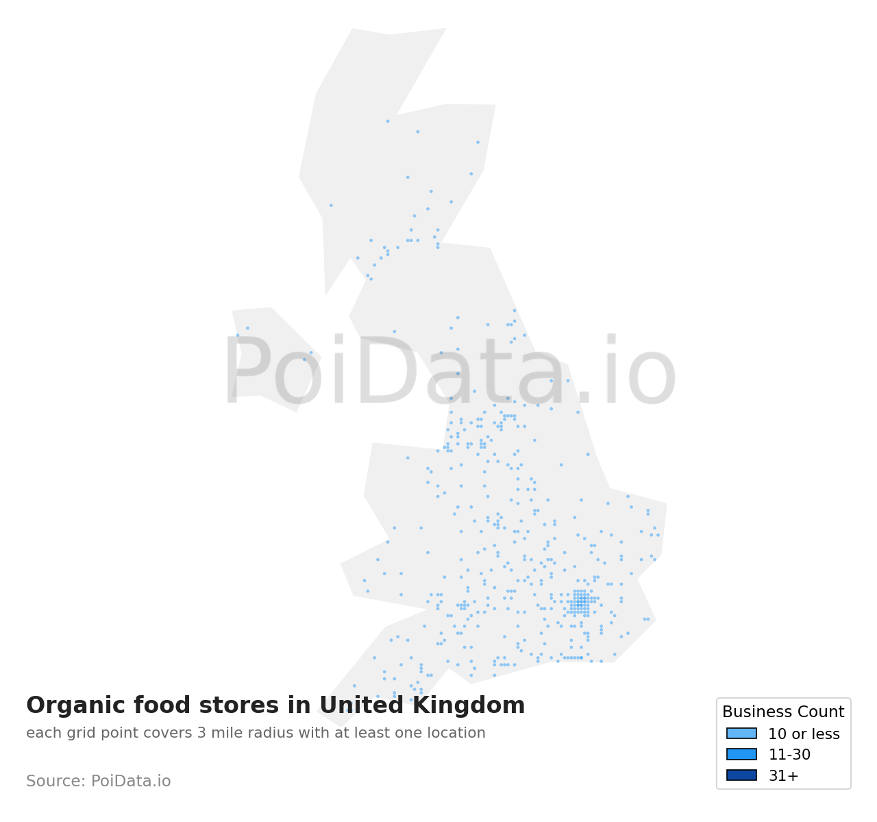 Organic food store density map for United Kingdom