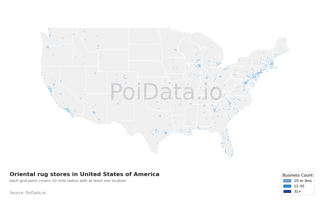 Oriental rug store density map for United States