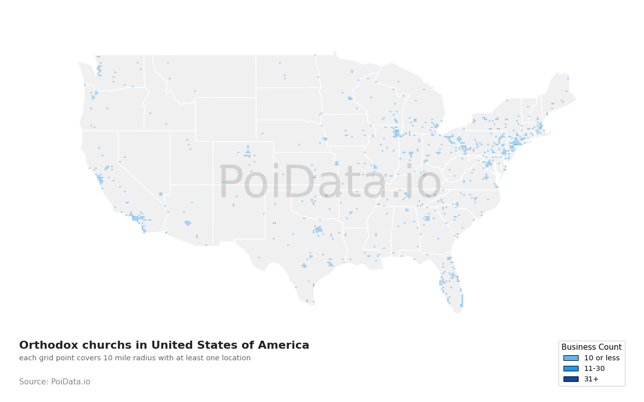 Orthodox church density map for United States