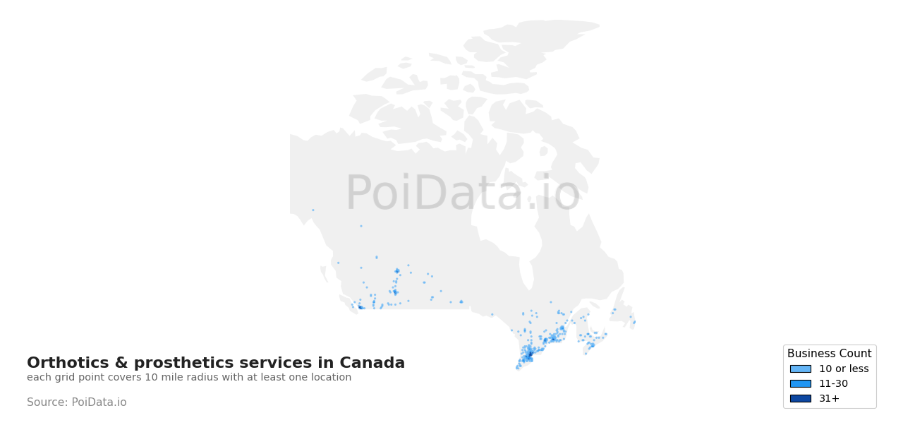 Orthotics & prosthetics service density map for Quebec, Canada