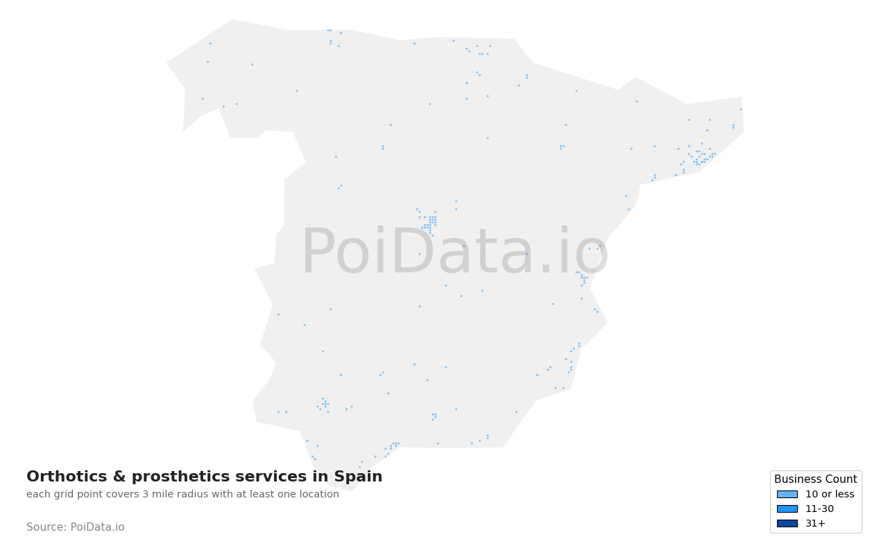 Orthotics & prosthetics service density map for Spain