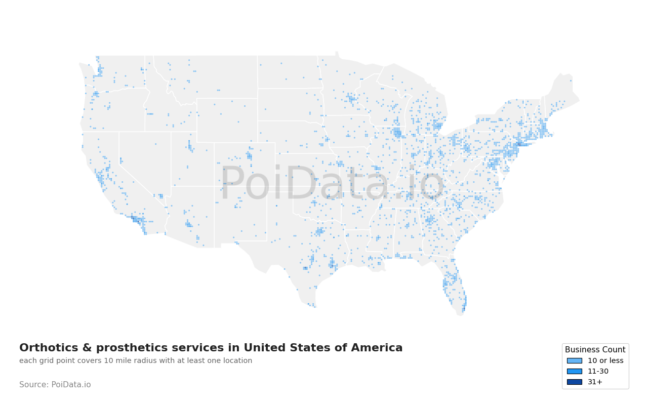 Orthotics & prosthetics service density map for Florida, United States