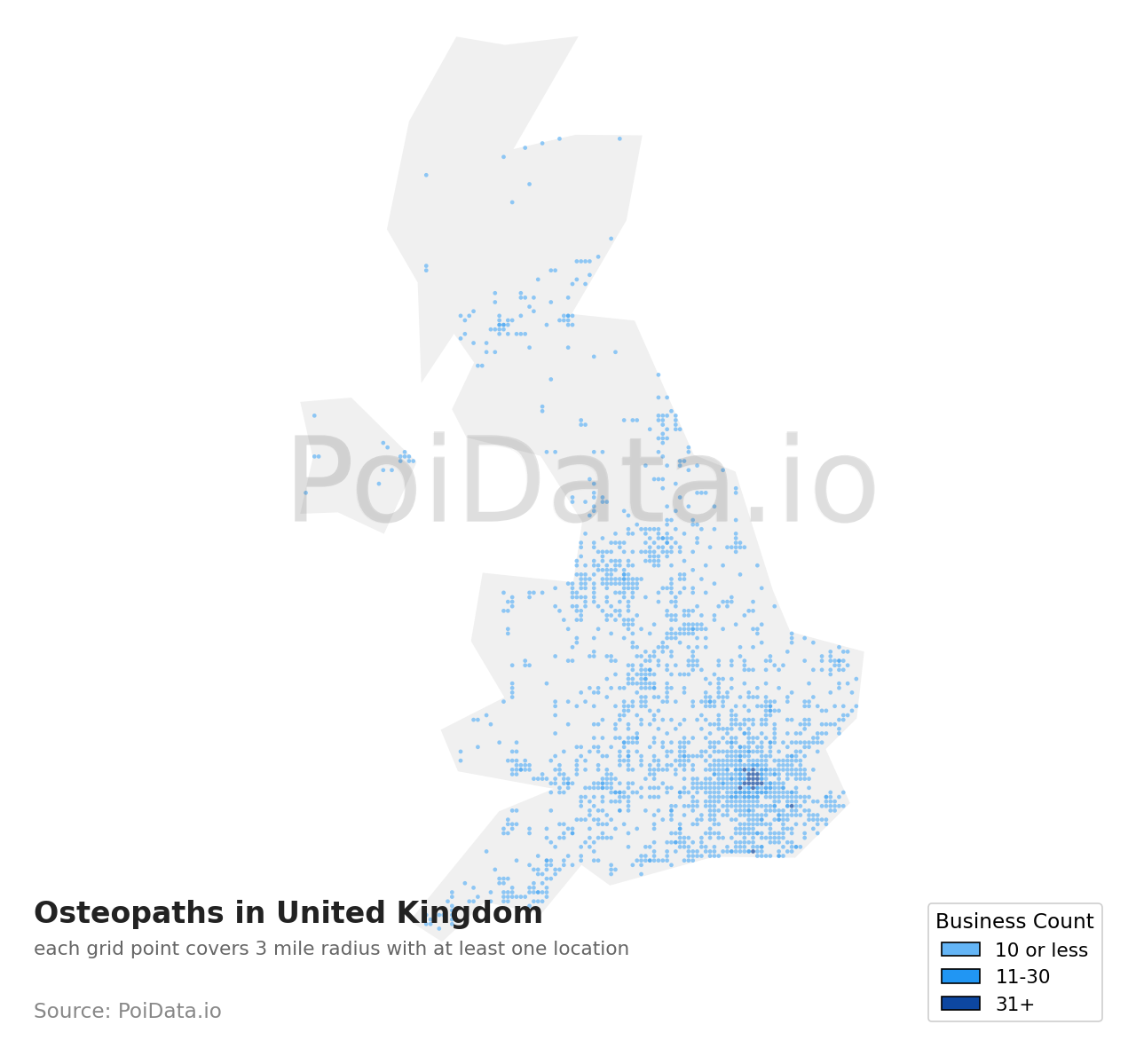Osteopath density map for United Kingdom