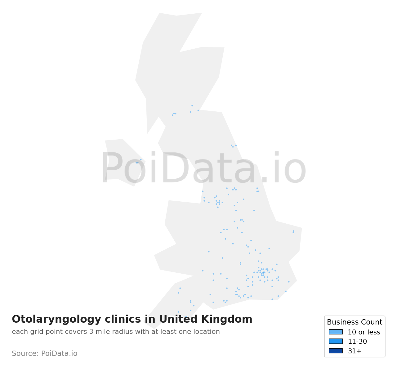 Otolaryngology clinic density map for United Kingdom