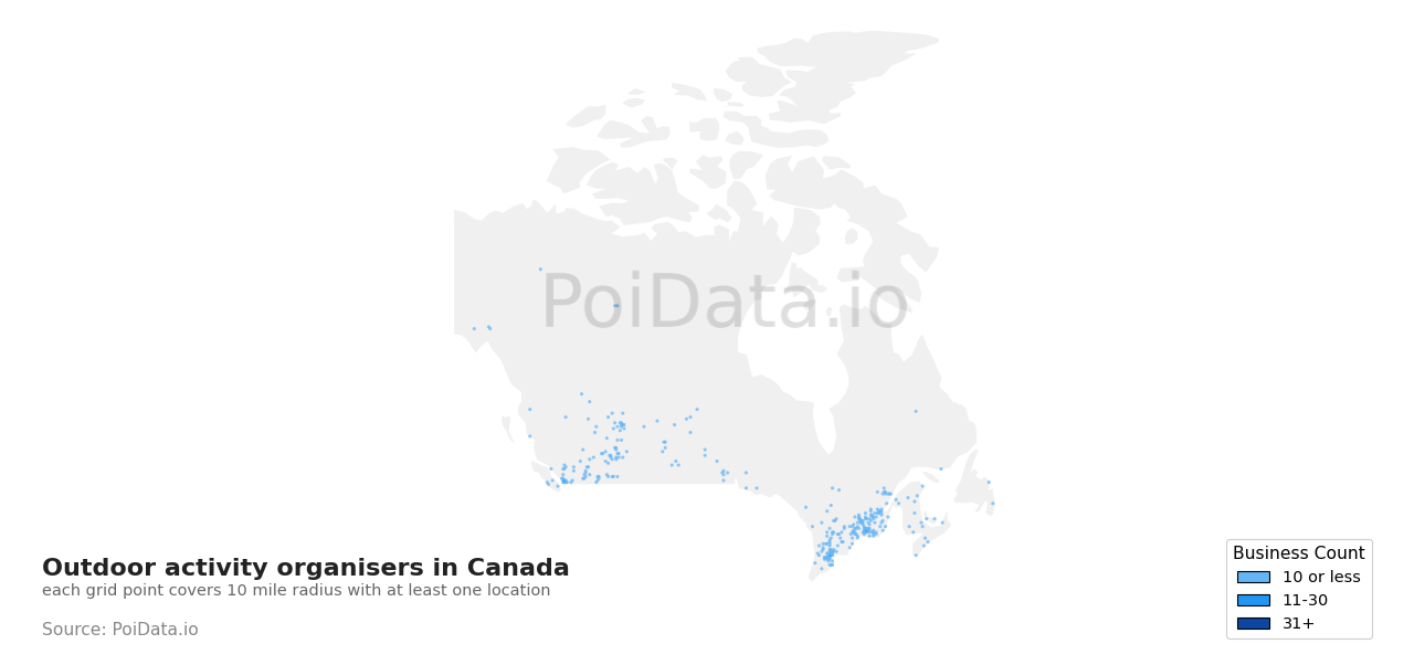 Outdoor activity organiser density map for New Brunswick, Canada