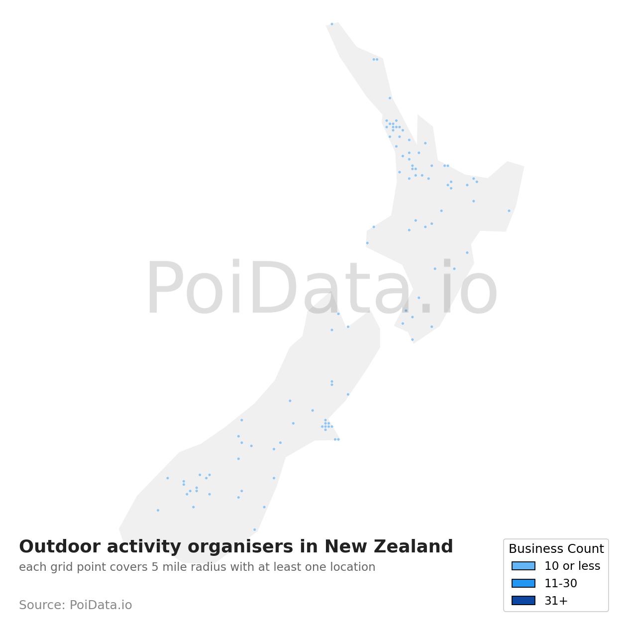 Outdoor activity organiser density map for New Zealand