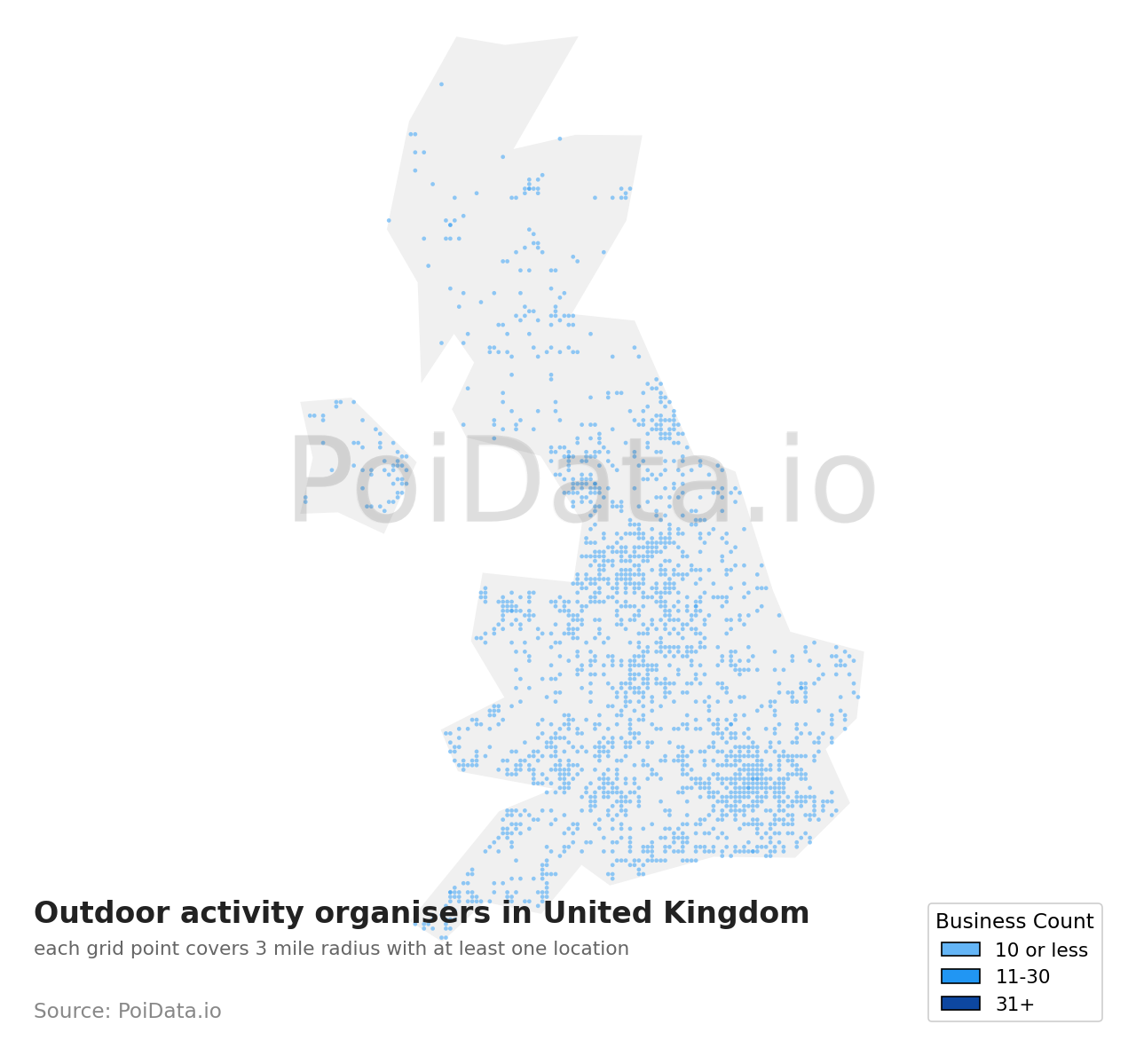 Outdoor activity organiser density map for United Kingdom