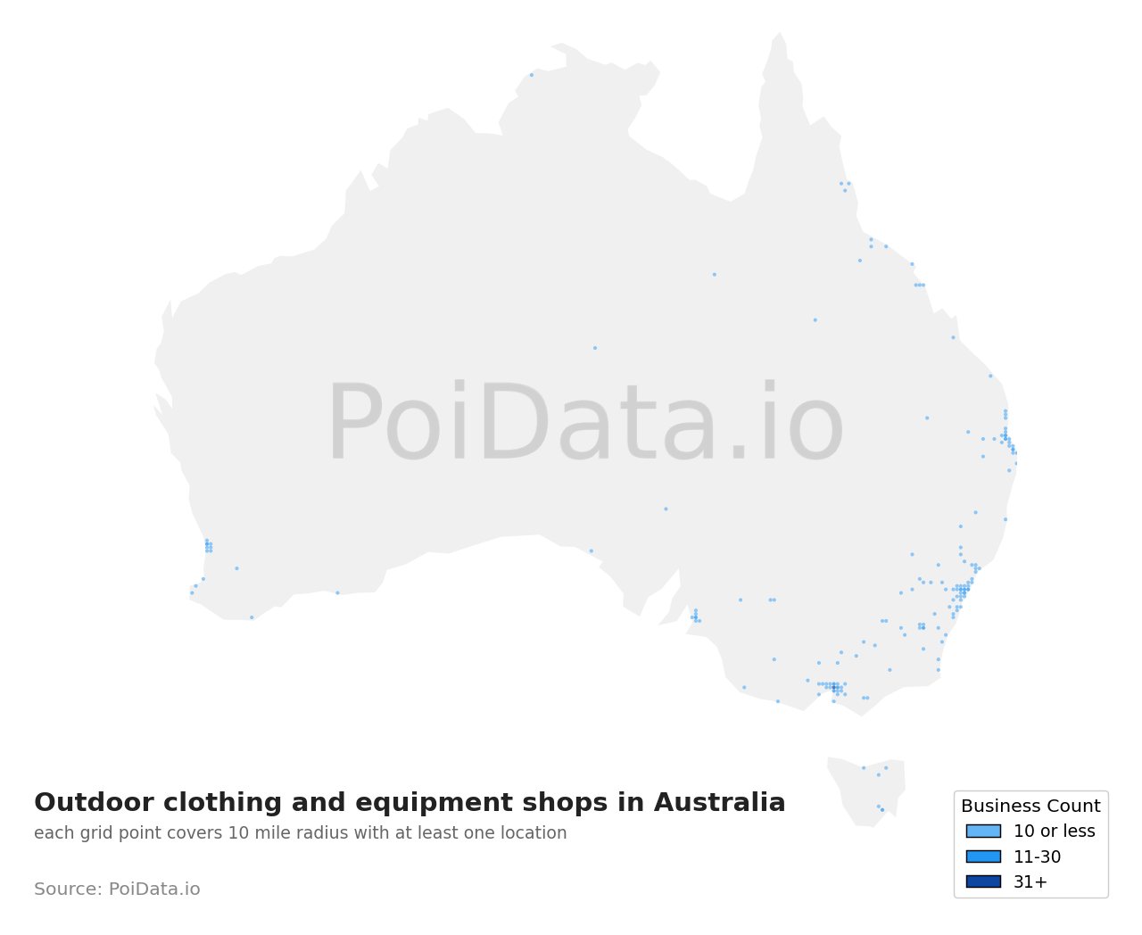 Outdoor clothing and equipment shop density map for Australia