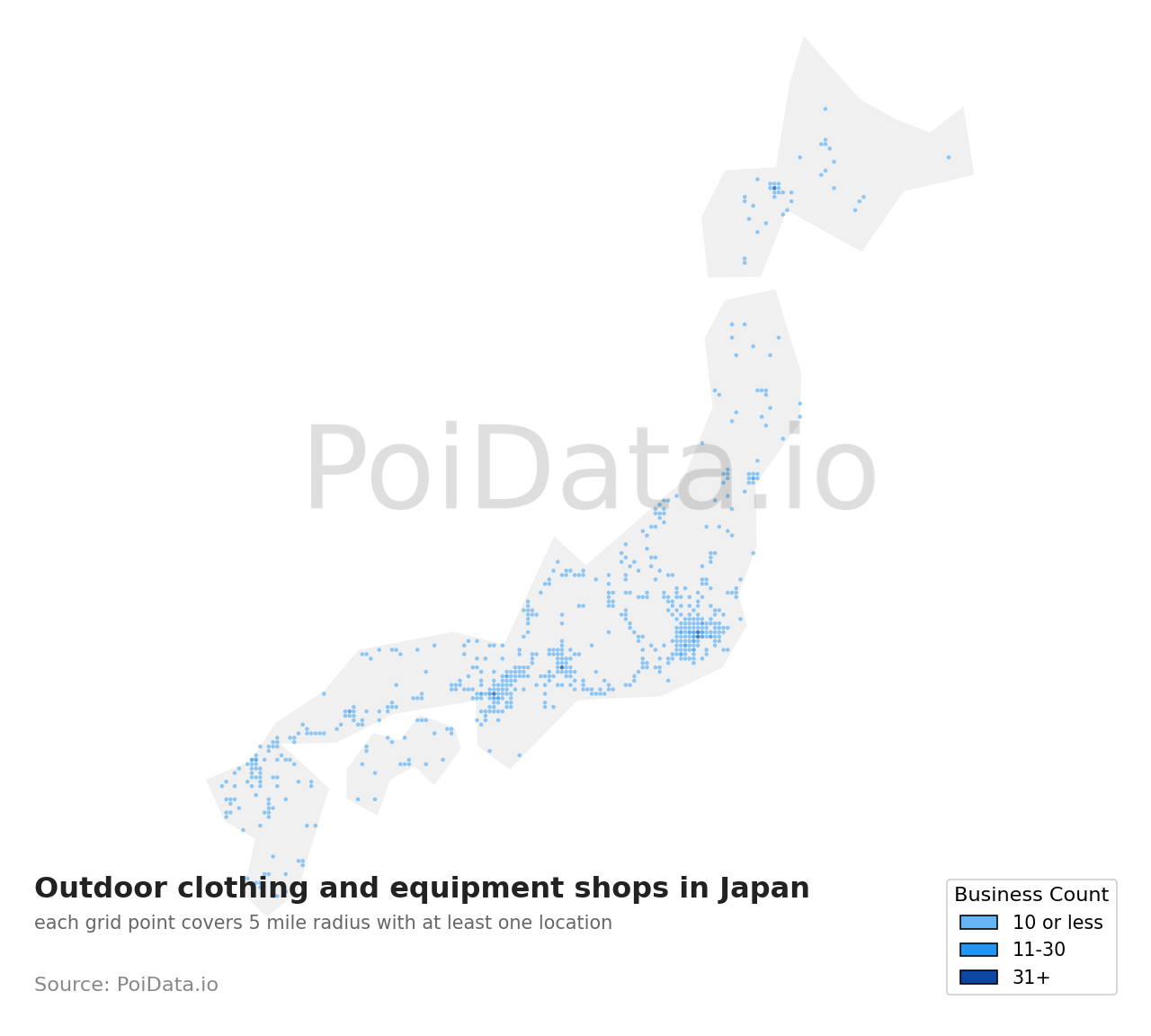 Outdoor clothing and equipment shop density map for Japan