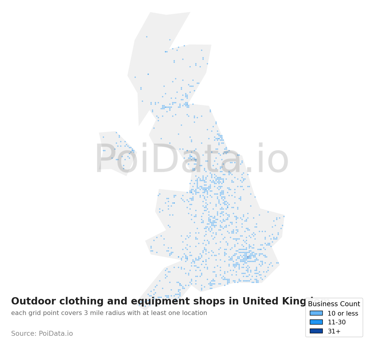 Outdoor clothing and equipment shop density map for United Kingdom