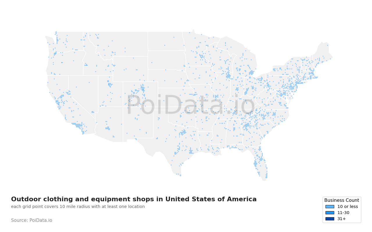Outdoor clothing and equipment shop density map for United States