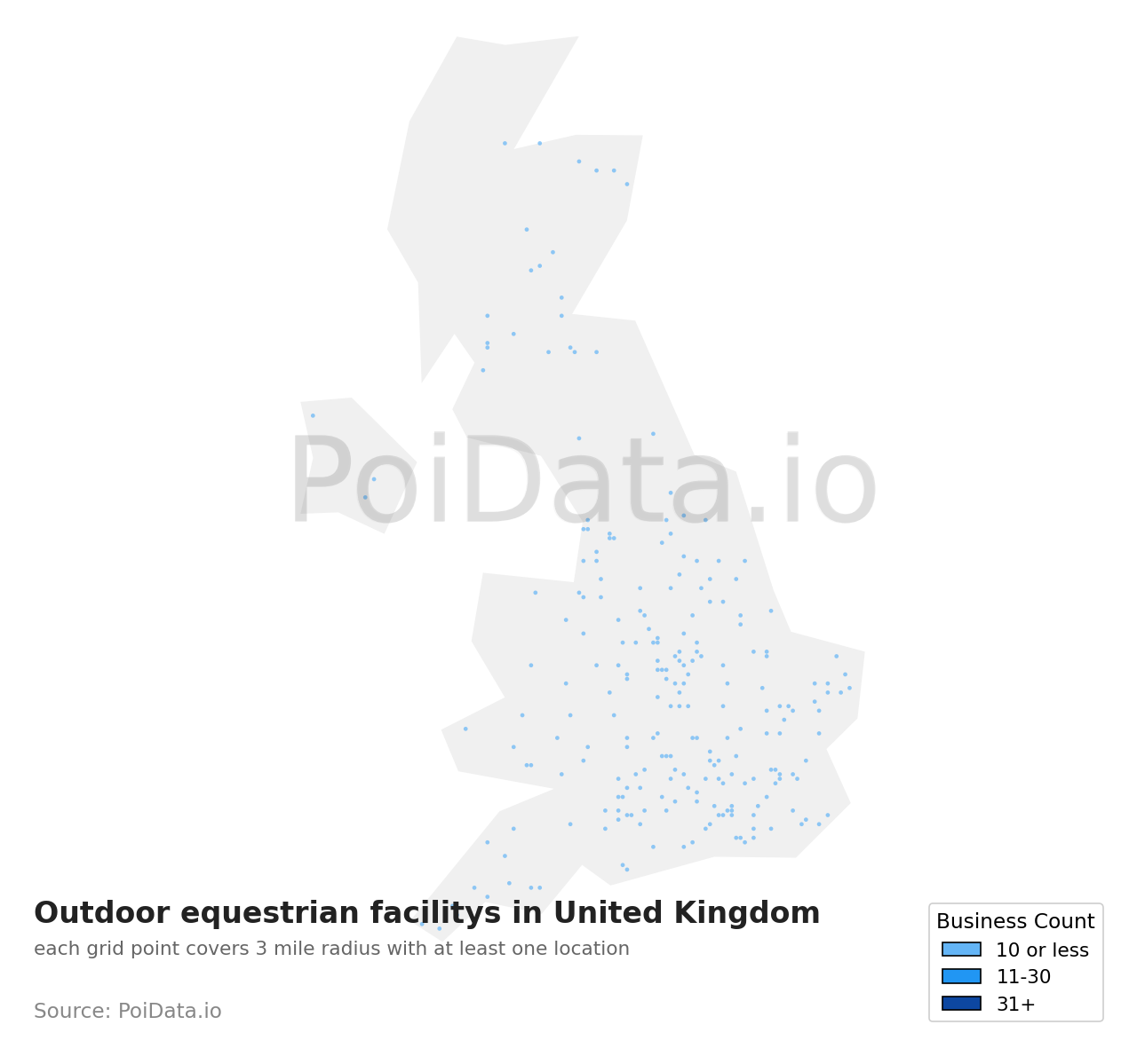 Outdoor equestrian facility density map for United Kingdom