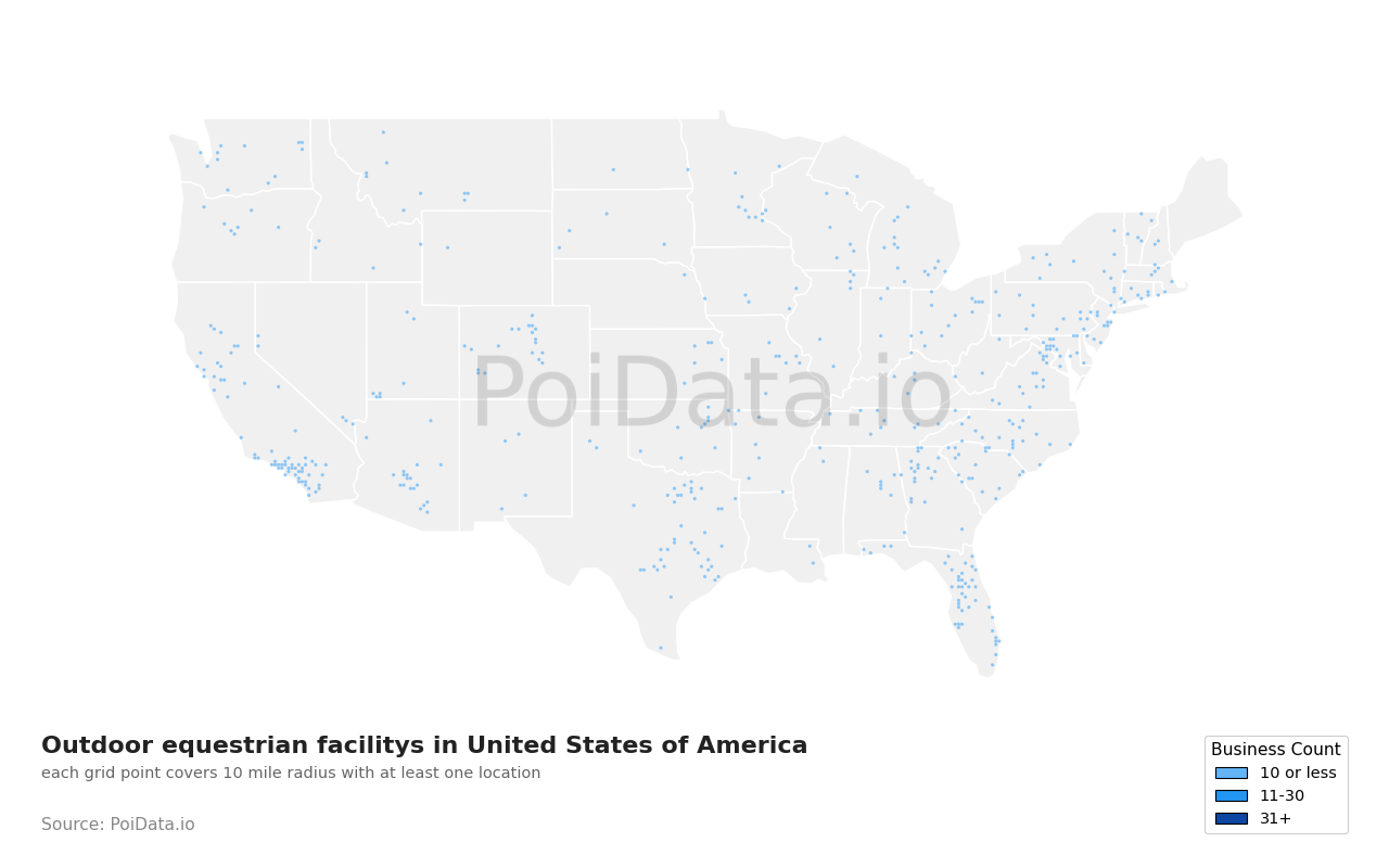 Outdoor equestrian facility density map for United States