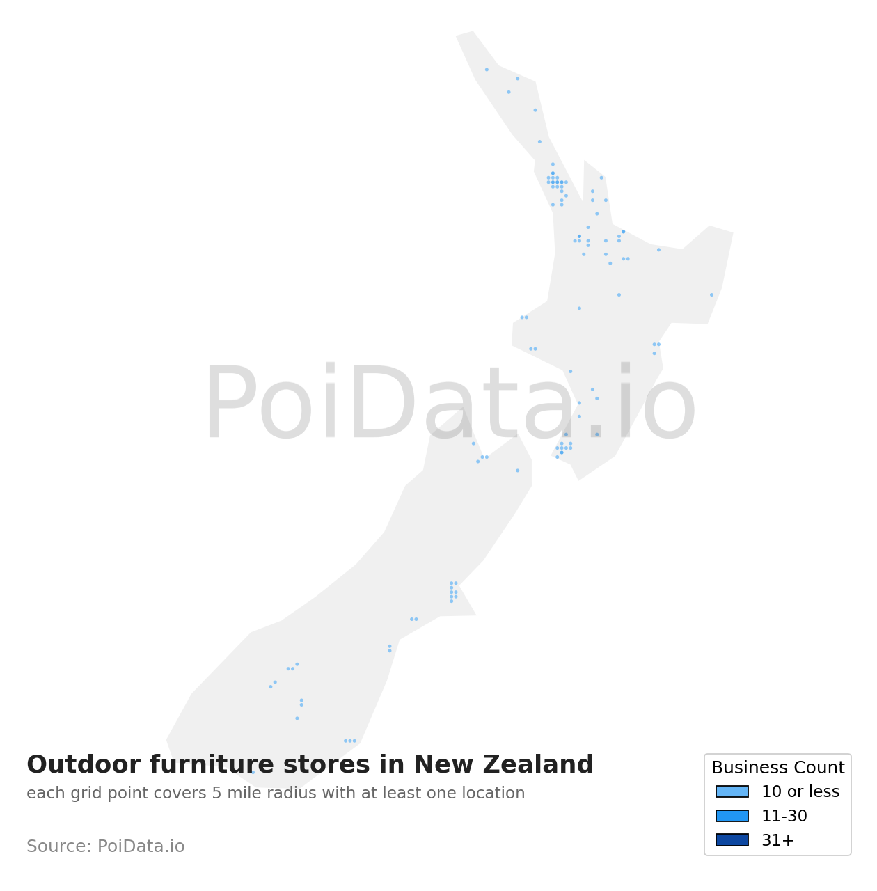 Outdoor furniture store density map for New Zealand