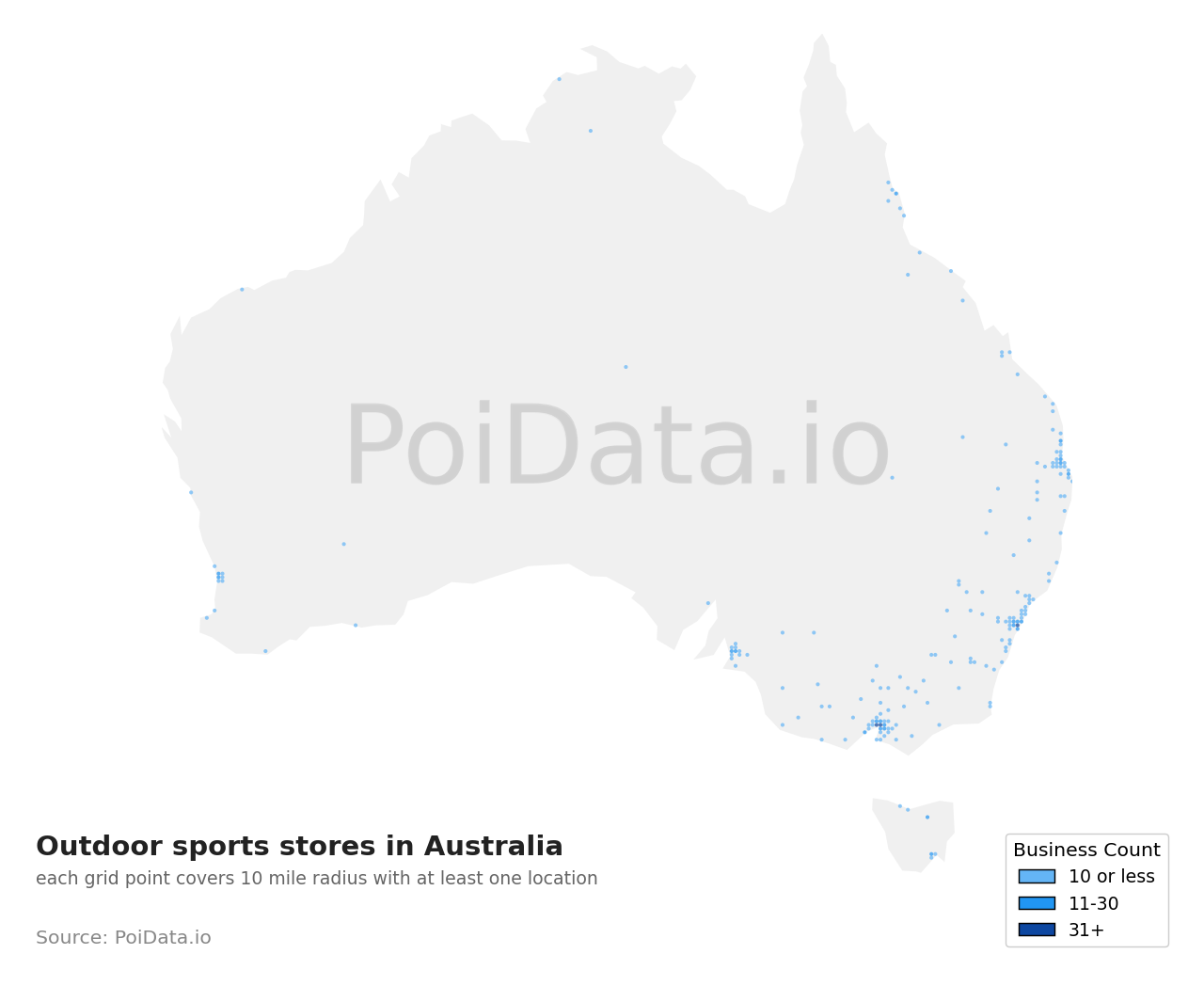 Outdoor sports store density map for Australia