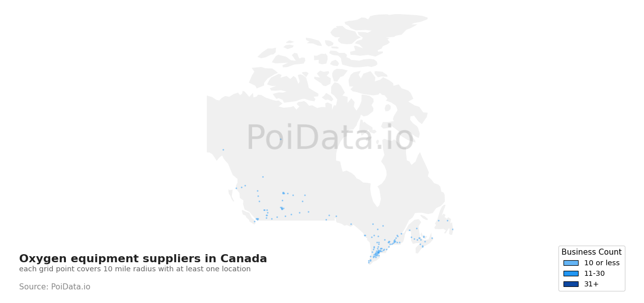 Oxygen equipment supplier density map for Prince Edward Island, Canada