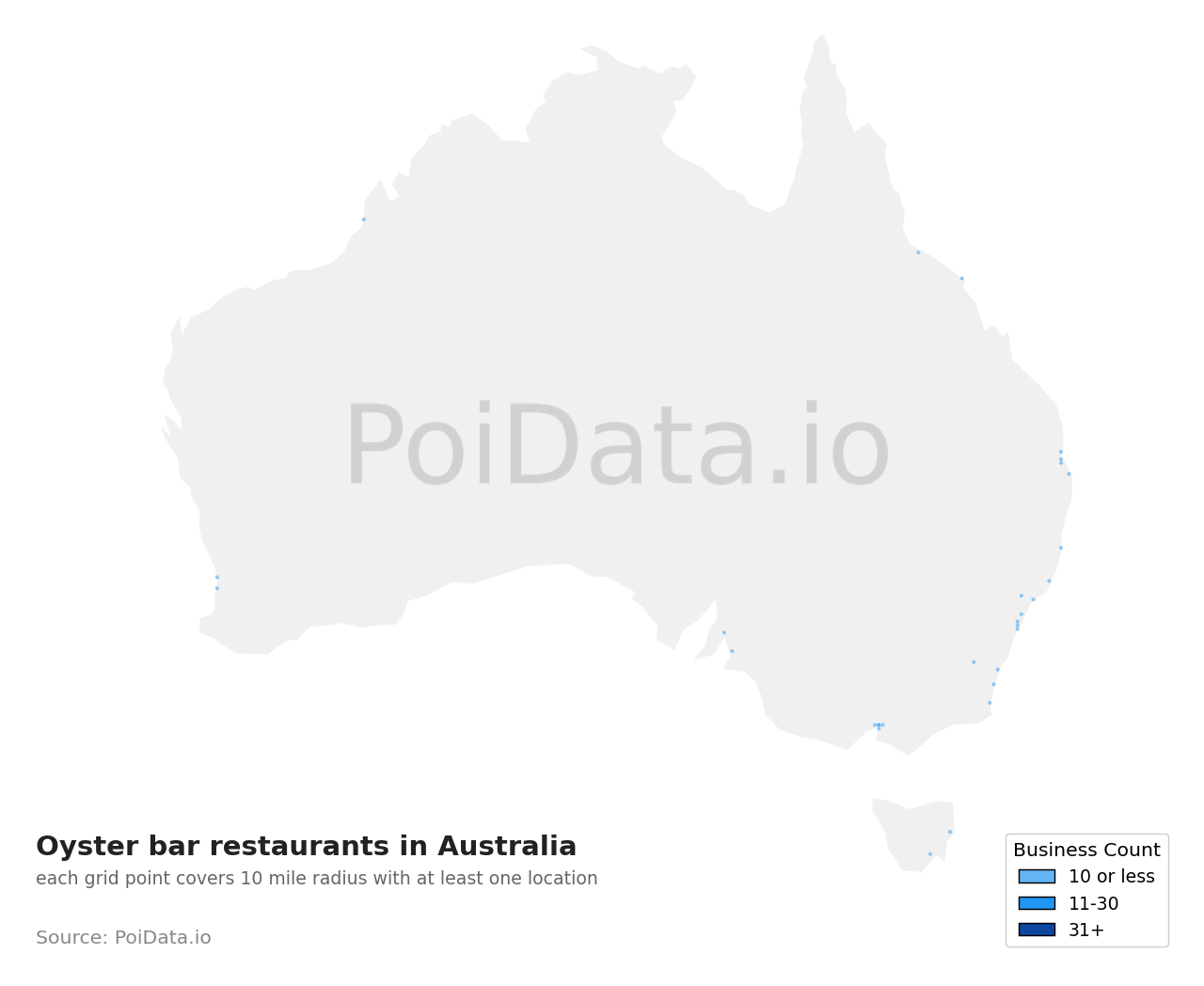 Oyster bar restaurant density map for TAS, Australia