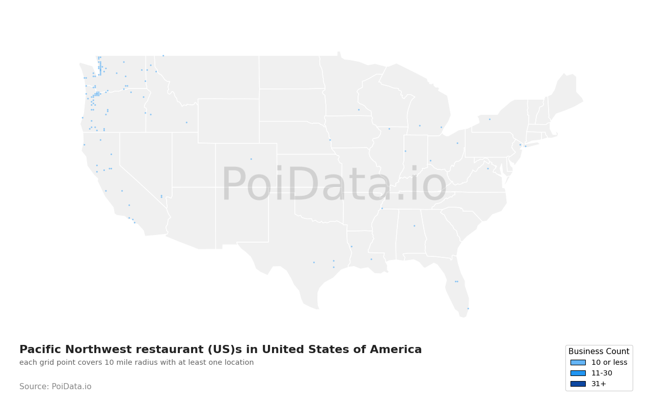 Pacific Northwest restaurant (US) density map for Oregon, United States
