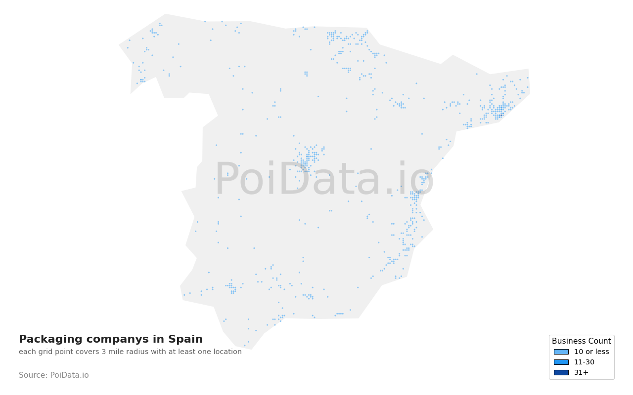 Packaging company density map for Spain