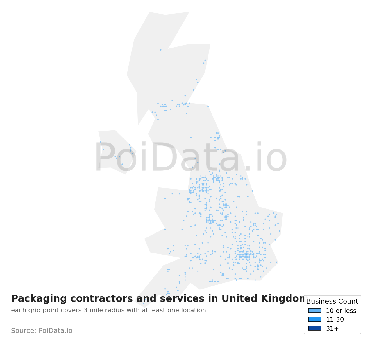 Packaging contractors and services density map for United Kingdom