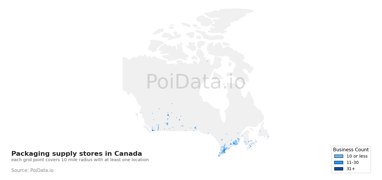 Packaging supply store density map for Prince Edward Island, Canada