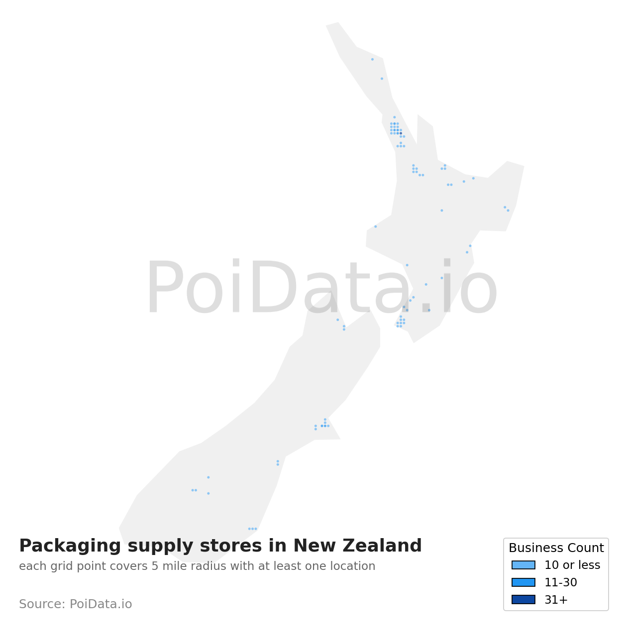 Packaging supply store density map for New Zealand