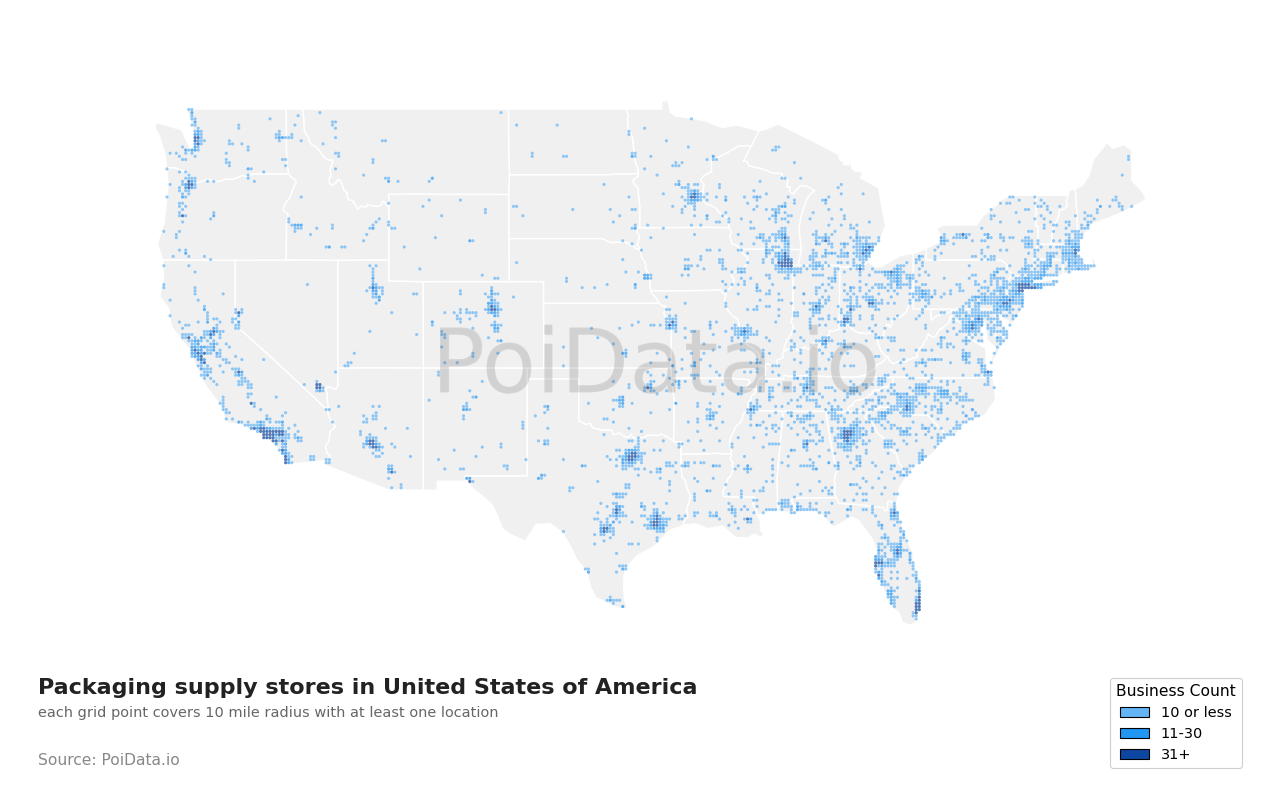 Packaging supply store density map for North Dakota, United States