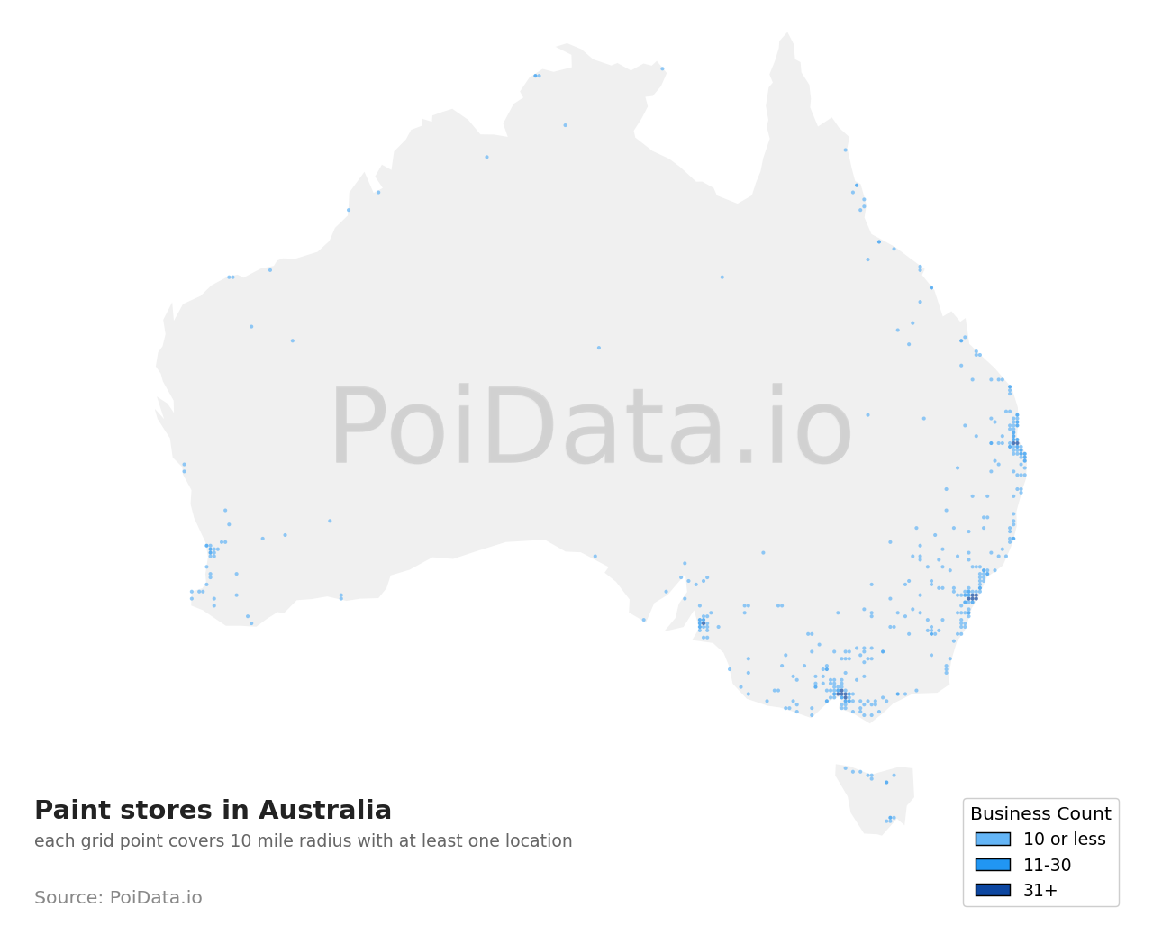 Paint store density map for TAS, Australia