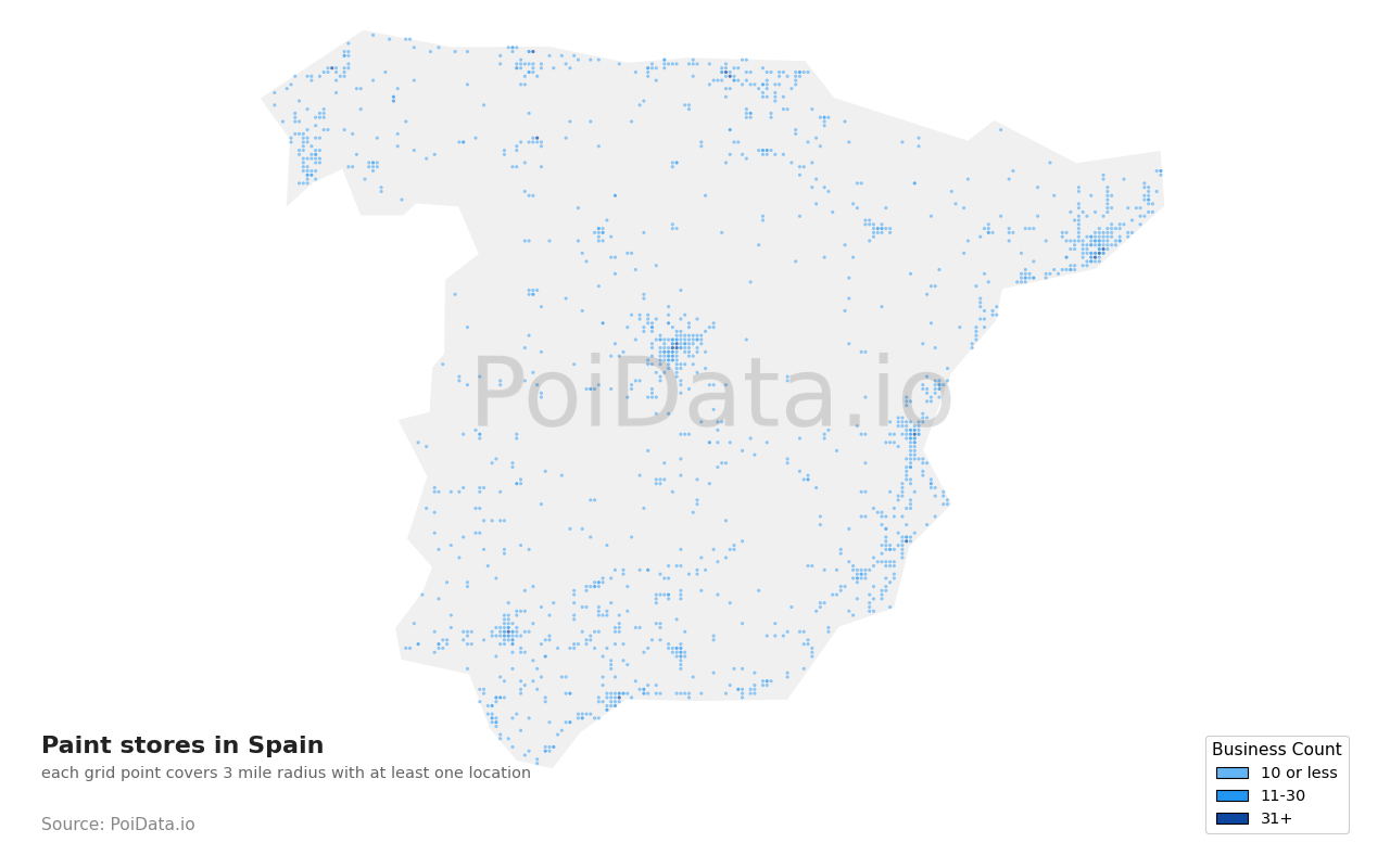 Paint store density map for Spain
