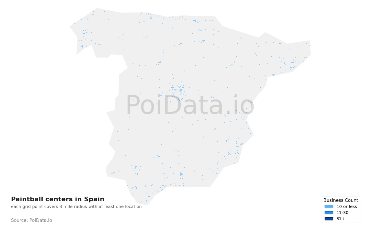 Paintball center density map for Spain