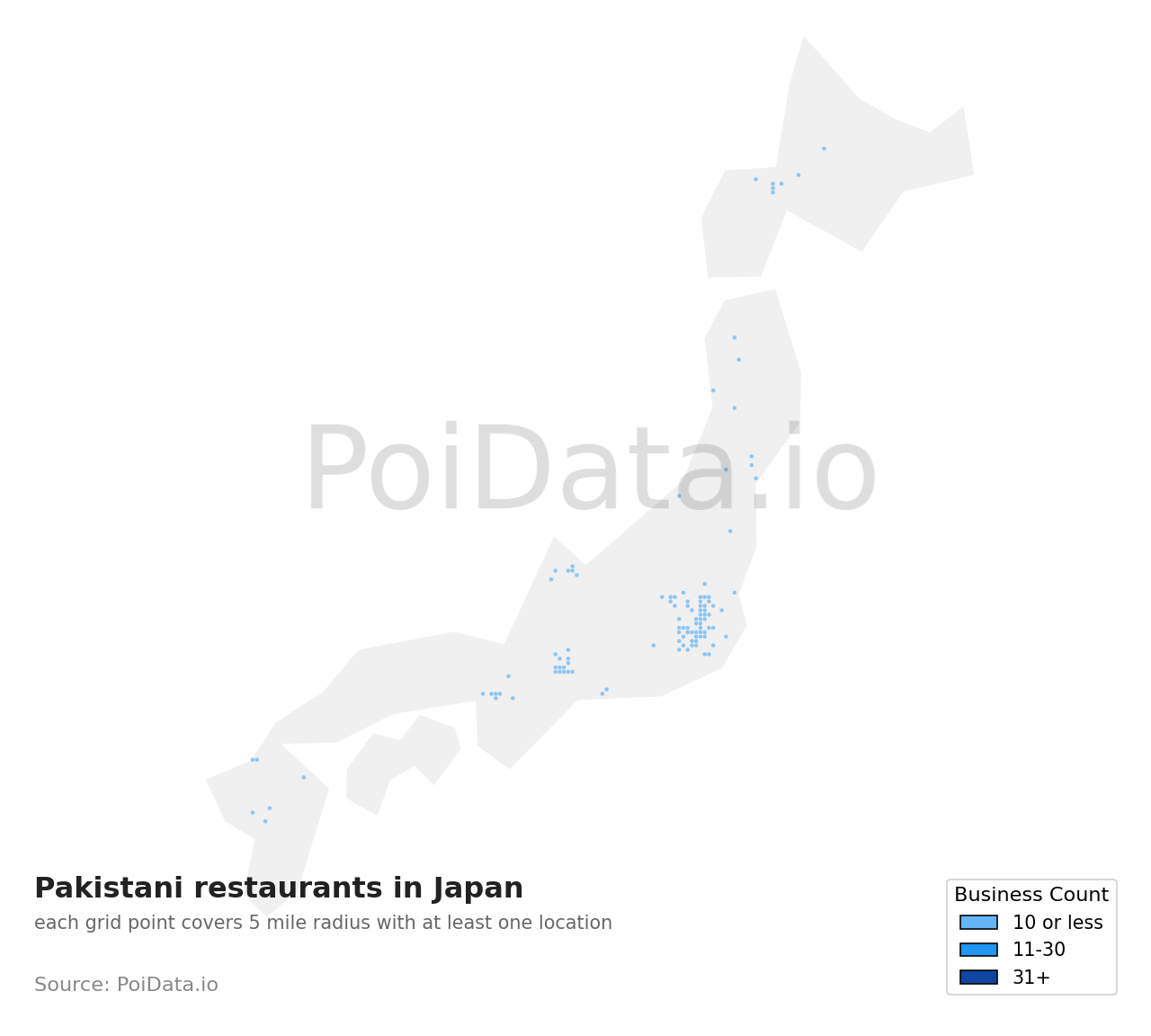 Pakistani restaurant density map for Japan